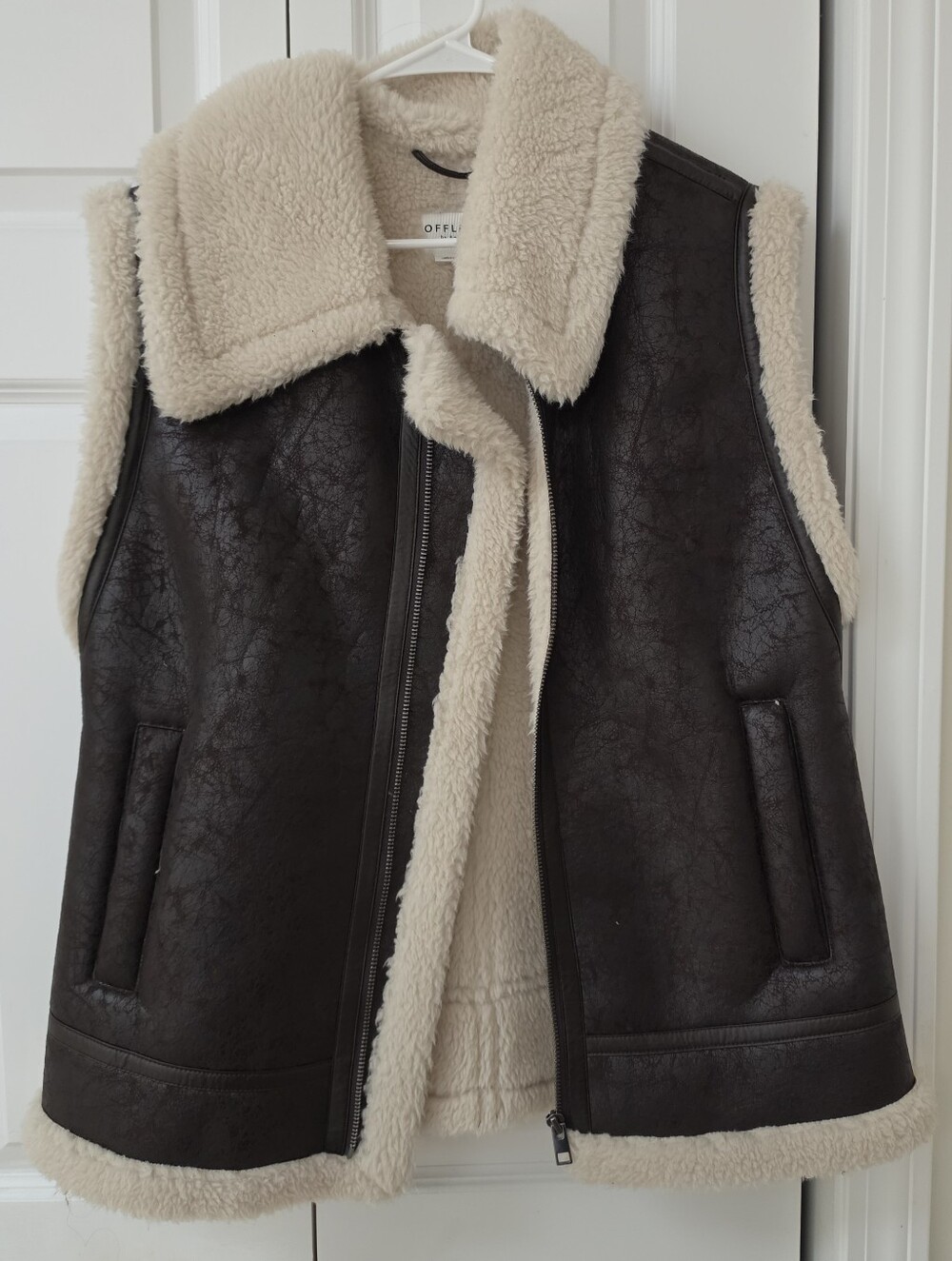 OFFLINE by Aerie Faux Leather Sherpa Aviator Vest Brown Cream Size S- NWOT